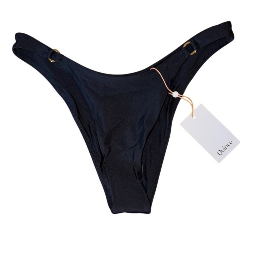 Quince Italian High-Leg Bikini Bottoms Size M Black High-Cut Cheeky O-Ring Lined